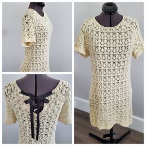 Philosophy Women's Dress Medium Cream Black Crochet Ribbon Boho Pull-On Romantic
